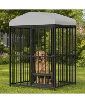 Outdoor Dog Kennel Heavy Duty Metal Cage with Waterproof Roof, Security Lock, Feeding Door and Bowl for Large Dogs