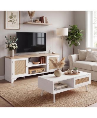 Living Room Table Set of 2 - 62" Rattan TV Stand Storage Cabinet for 65" TV and Farmhouse Coffee Table with Storage Shelf