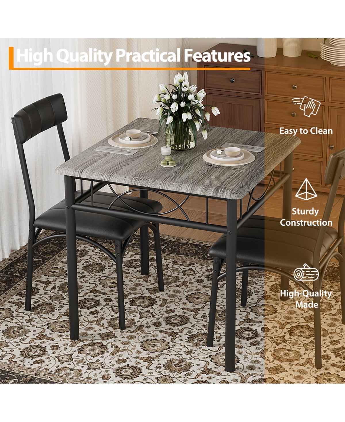 homfan 3-Piece Compact Dining Set, Pu Upholstered Chairs, Industrial Style Engineered Wood Table for Small Home Daily Use