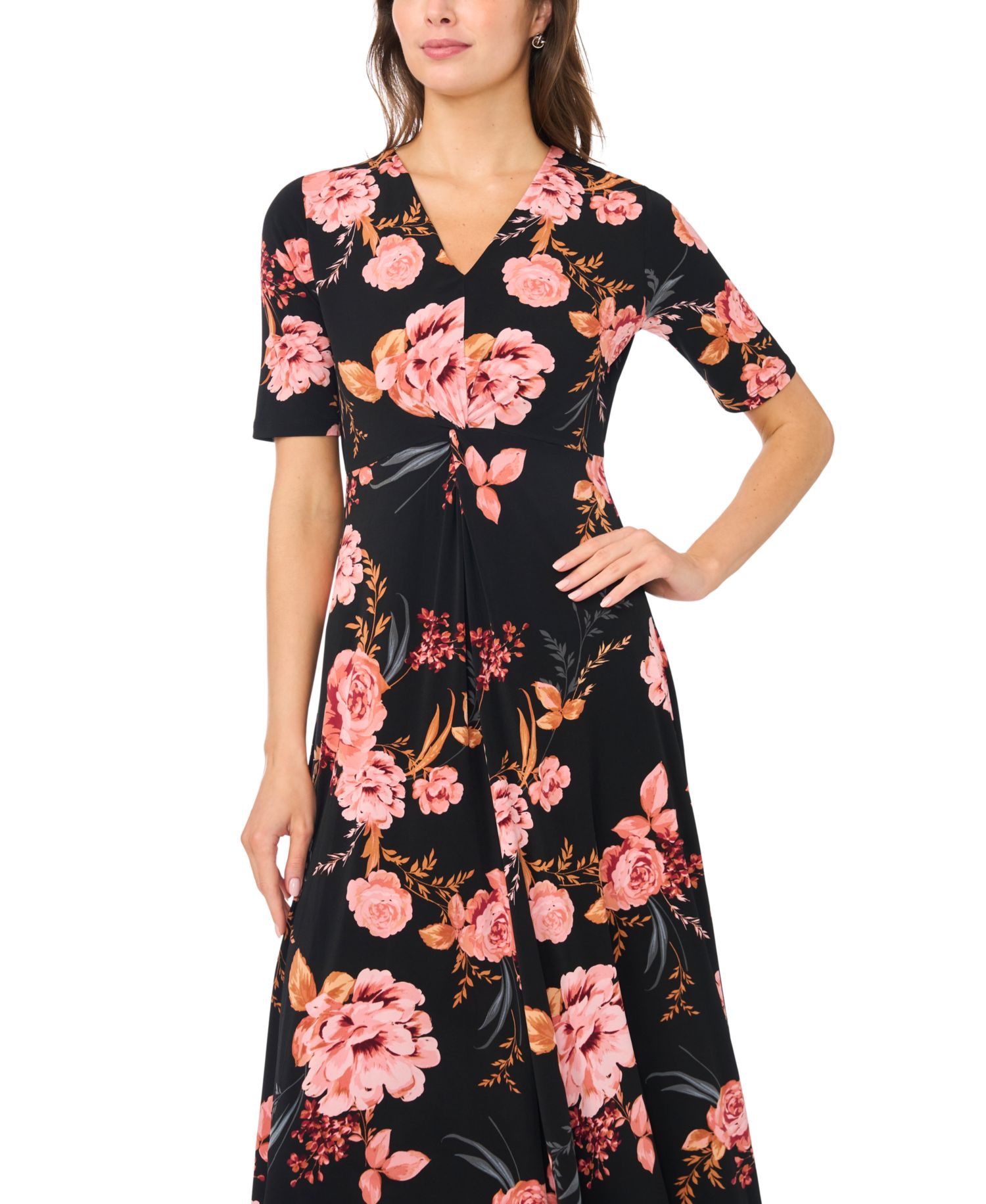 Women's V-Neck Twist Front Midi Dress