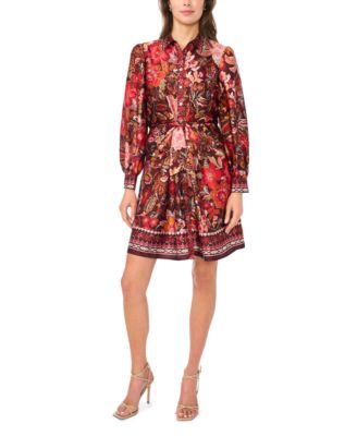 Women's Button-Up Tie-Front Long-Sleeve Dress