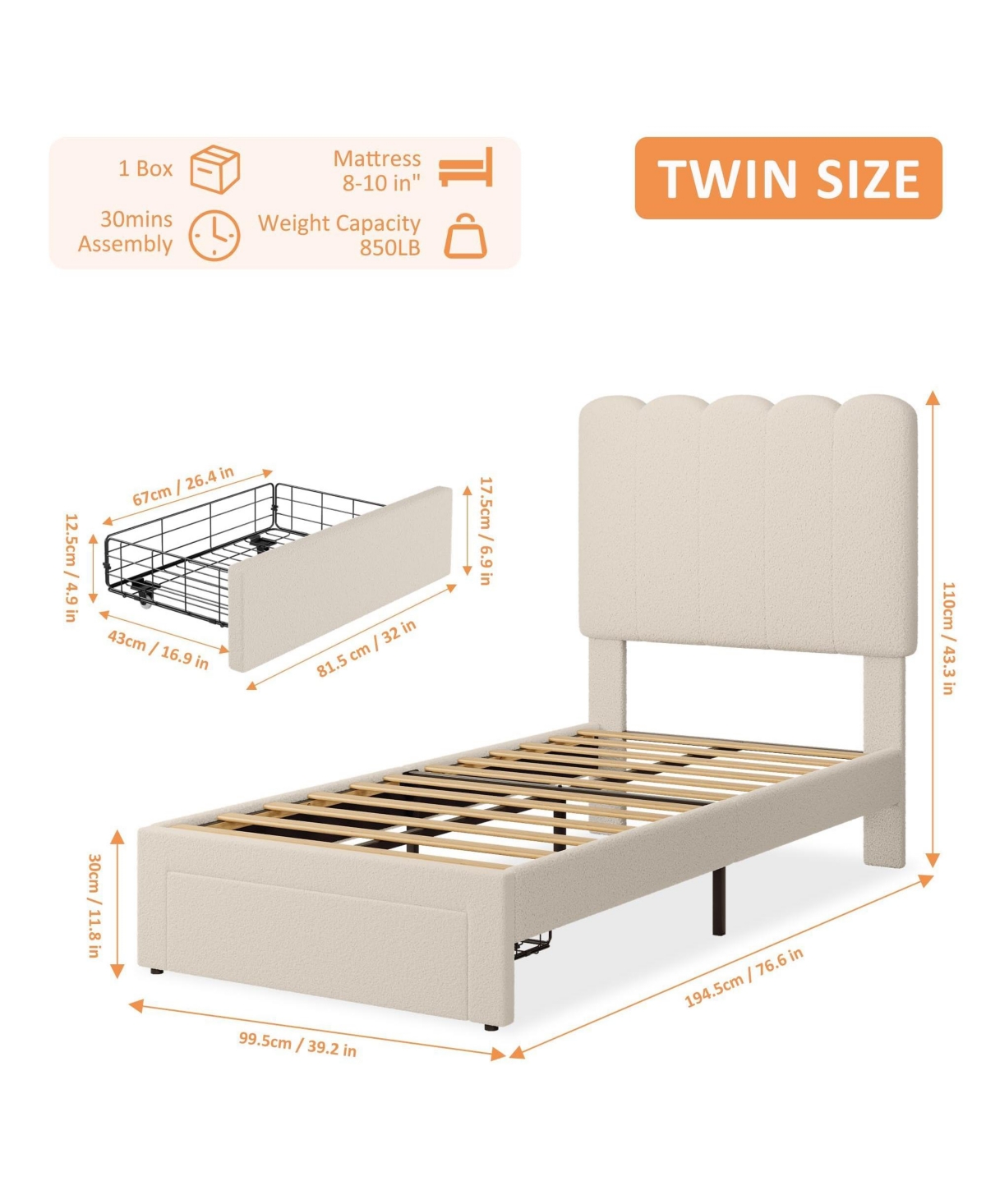 homfan 2 Sets Twin Bed Frame with Under Bed Drawer, Upholstered Platform Bed with Wave Headboard for Kids, Wooden Slats Support, No Box Spring Needed