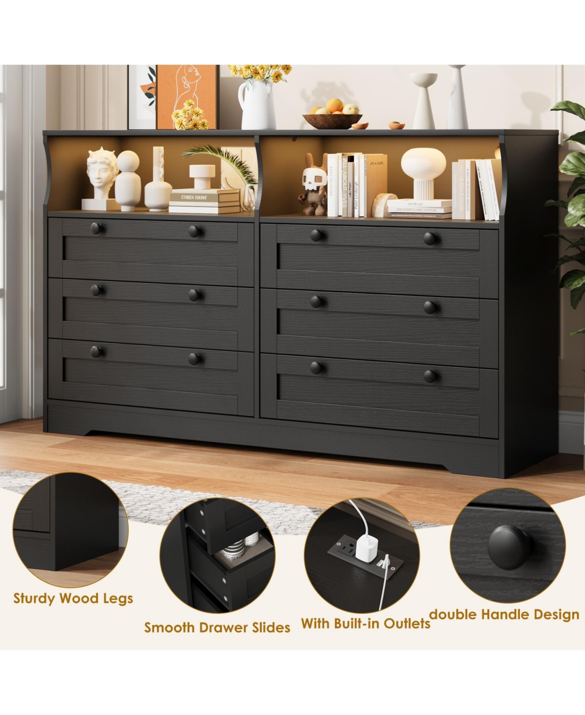 homfan Modern 6 Drawer Dresser with Led Lights and Power Outlet, Wooden Entryway Storage Cabinet Tv Stand, Spacious Organizer for Bedroom