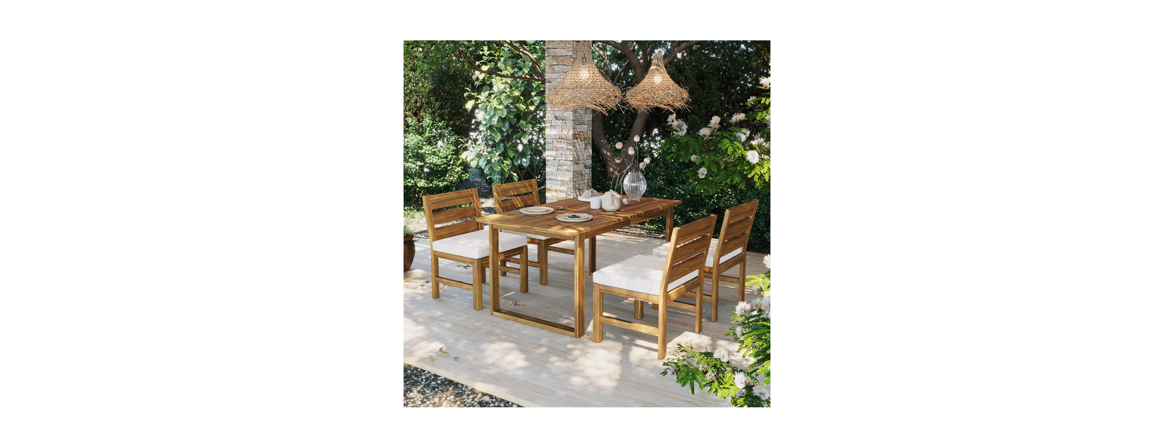 Asagikoiai Farmhouse 5-Piece Acacia Wood Patio Dining Set with Adjustable Legs