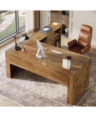 63" Desk and 47" Rolling File Cabinet: L-shaped computer desk with drawers and shelves. Rustic home office furniture