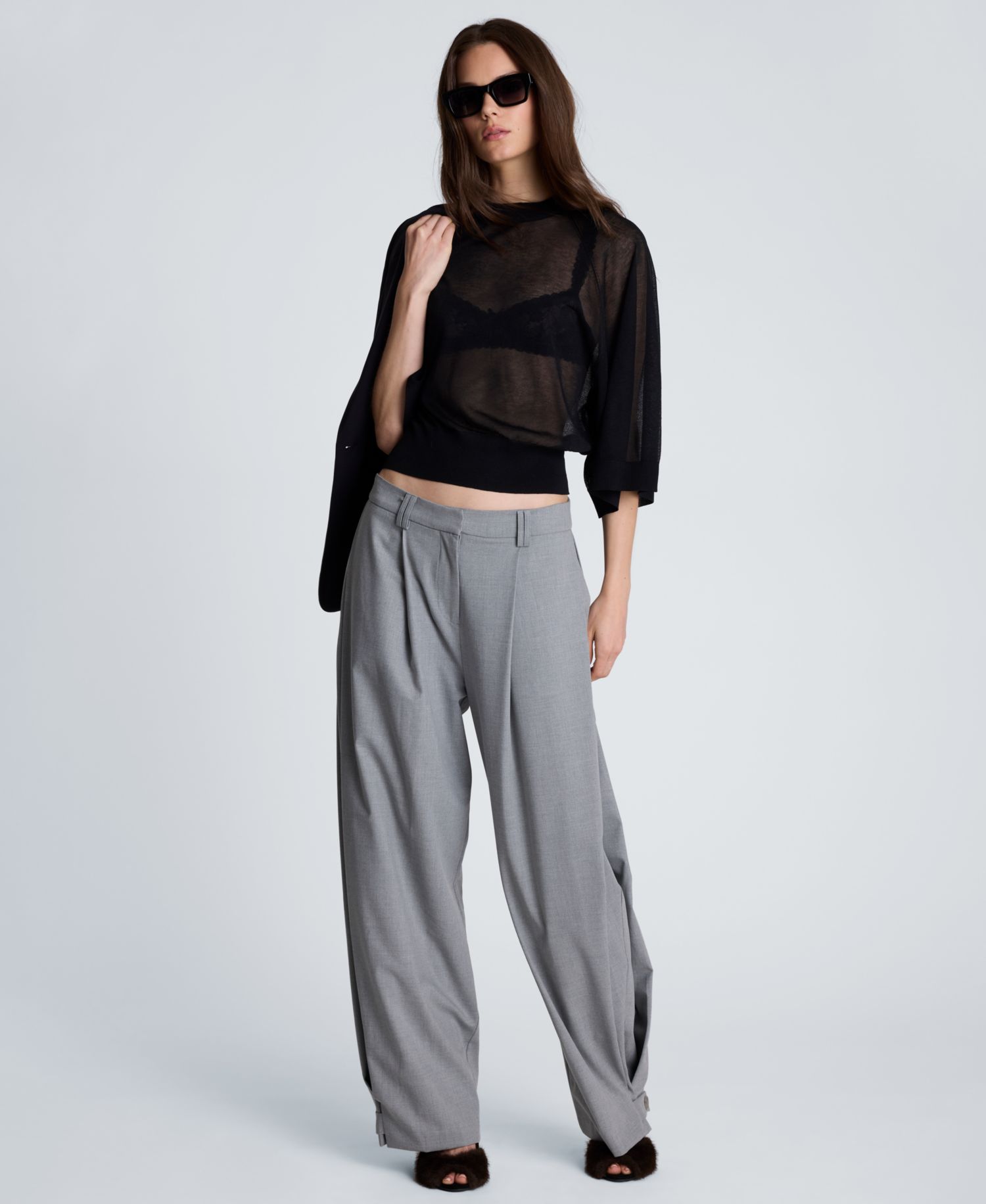 Women's Semi-Sheer Raglan Crewneck Cropped Sweater