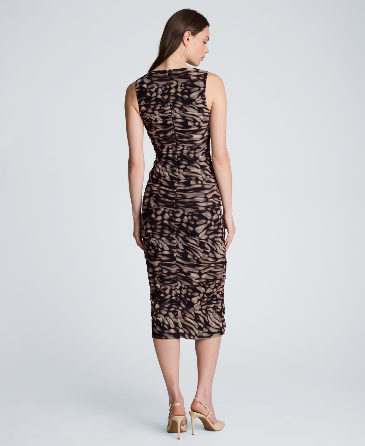 Women's Fully Ruched Printed Mesh Midi Dress