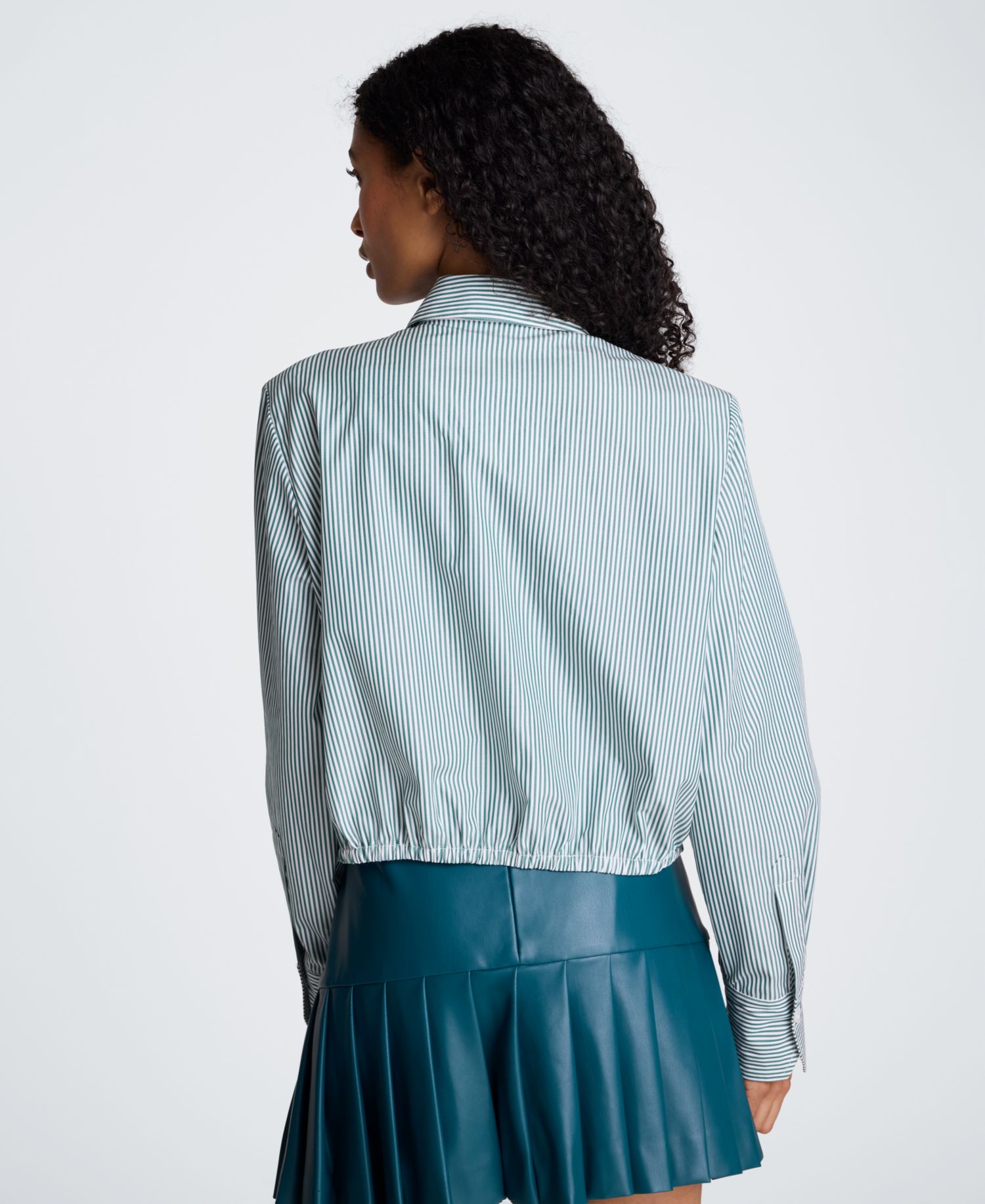 Women's Striped Shoulder Pads Button-Down Crop Shirt