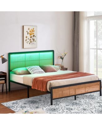 Rattan Platform Bed Frame with LED Headboard, Modern Boho Cane Style, Heavy Duty Metal Frame, Steel Slats, No Box Spring Needed