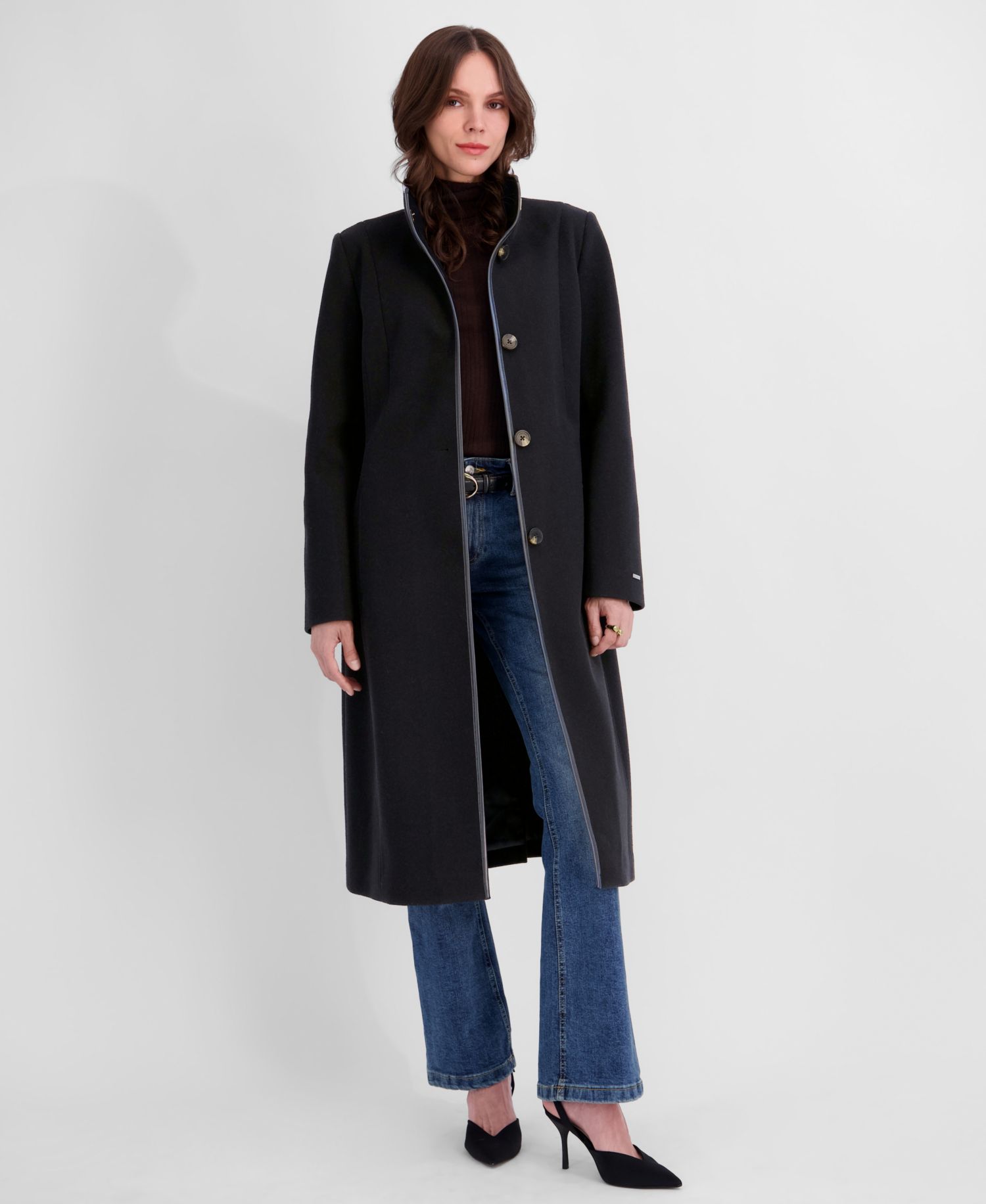 Women's Belted Faux-Leather Trimmed Funnel Neck Coat