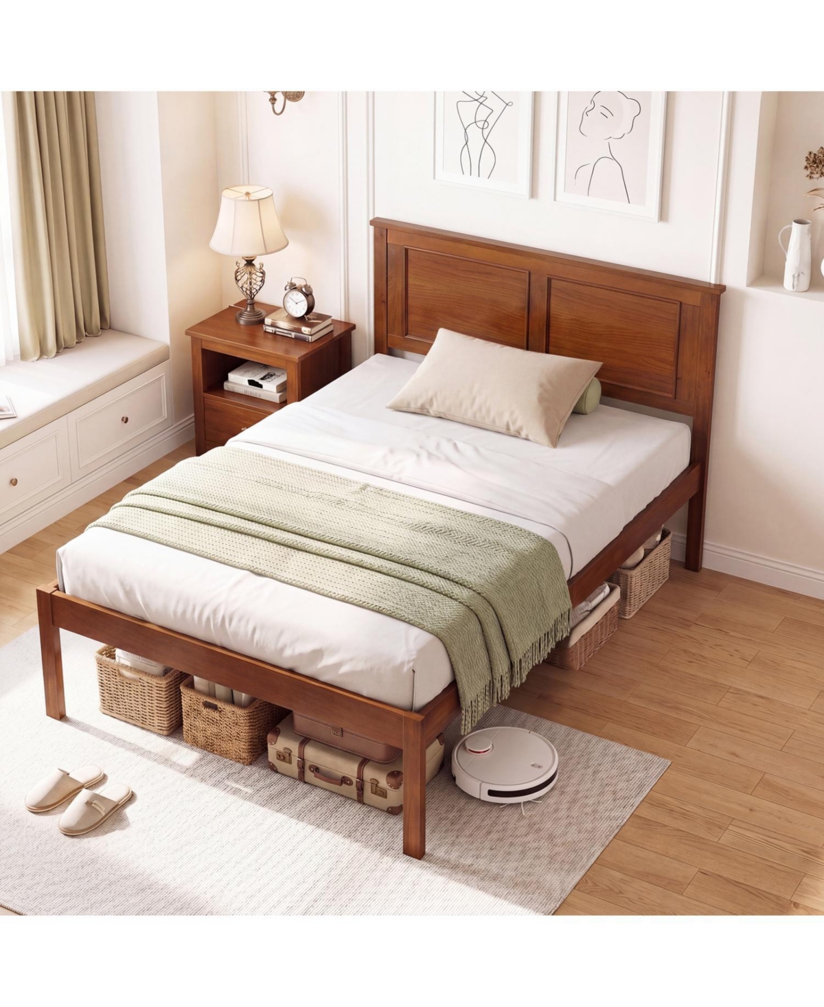 Slickblue Wooden Farmhouse Bed Frame with Platform Headboard
