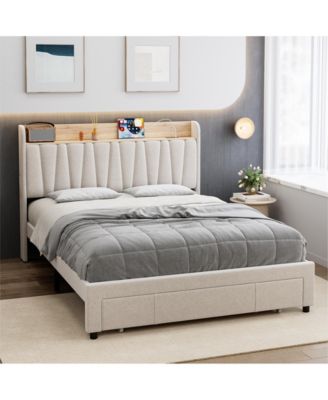Queen Upholstered Bed Frame with Storage Headboard, Charging Station and Drawer, Platform Bed with Wood Slats
