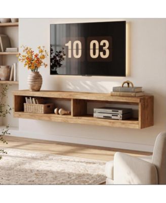 Solid Wood Floating TV Stand:55" farmhouse wall mounted console. Media entertainment center for living room, bedroom, small space.