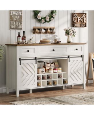 59 Inch Farmhouse Sideboard Buffet with Sliding Barn Door, 3 Drawers, Removable Wine Rack and Adjustable Shelf for Dining Room, Kitchen