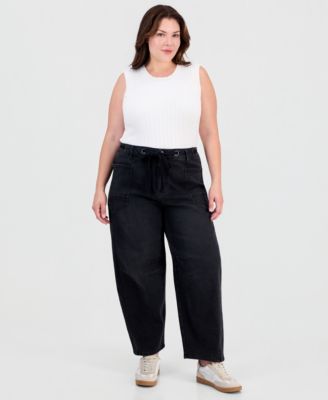 Trendy Plus Size Tie-Waist Barrel Jeans