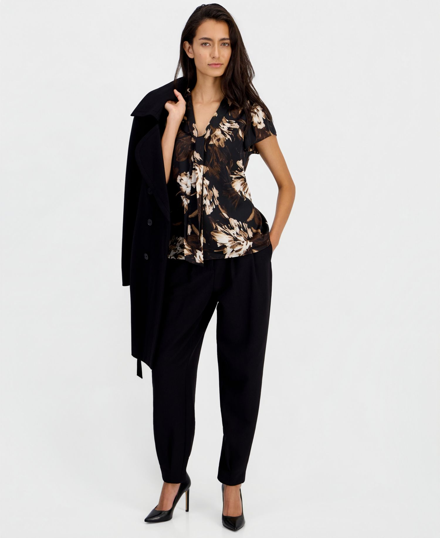 Women's Tie-Neck Short-Flutter-Sleeve Blouse