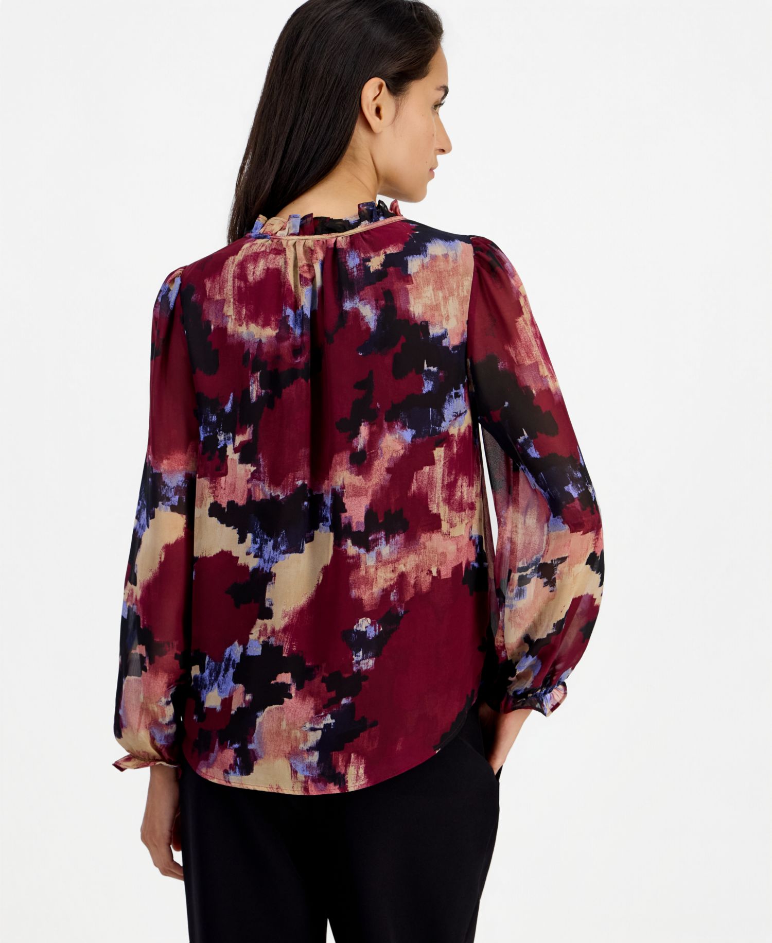 Women's Ruffle Tie Neck Long-Sleeve V-Neck Blouse