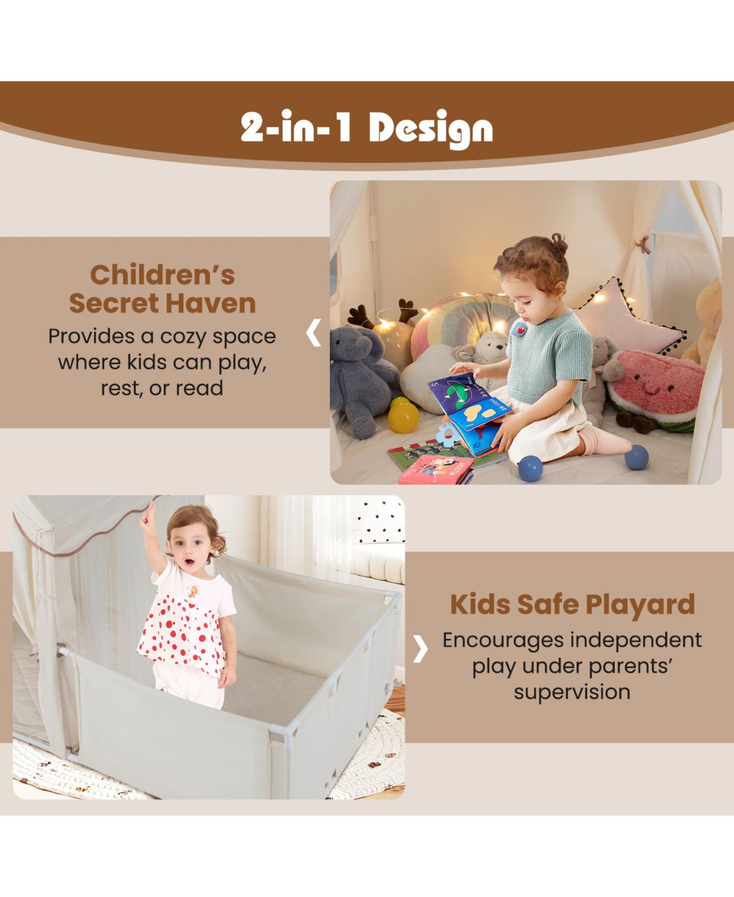Детская игрушка Slickblue 2-in-1 Kids Play Tent with Playpen, Ages 3+, цвет: Бежевый — фото 6
