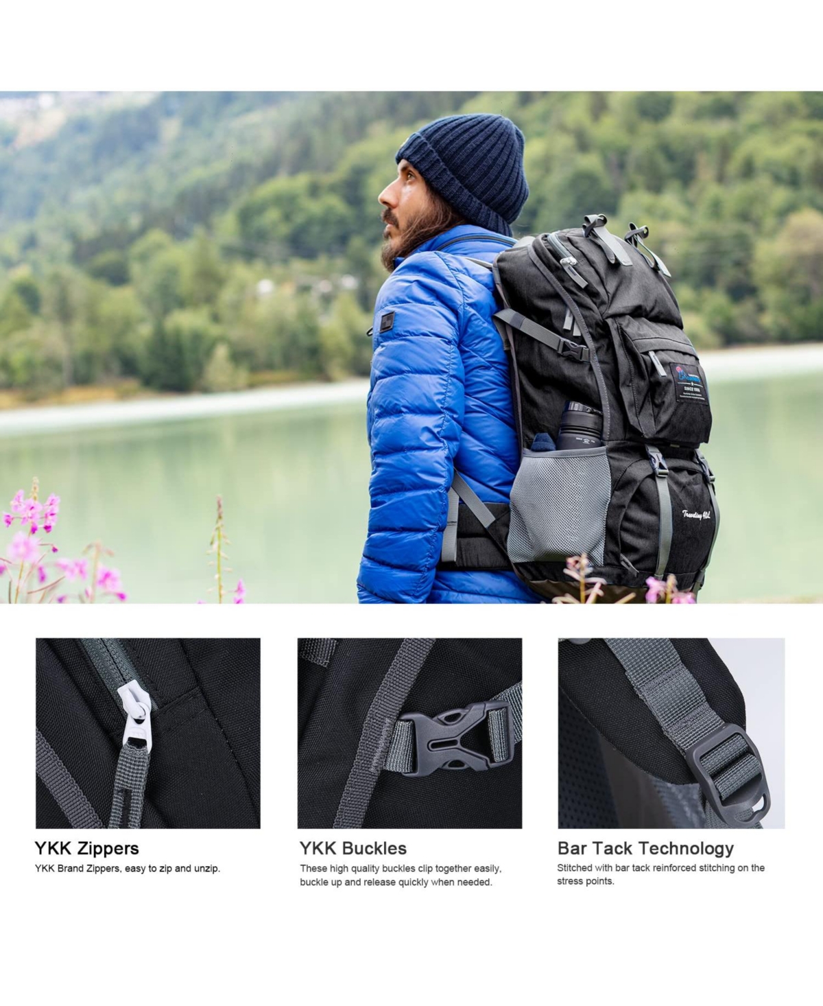 Mountaintop 40 Liter Hiking Backpack with 3 Hydration Bladder for Women Men Outdoor Travel Camping Day Pack Rain Cover