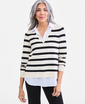 Petite Stripe Two-Fer V-Neck Pullover Sweater