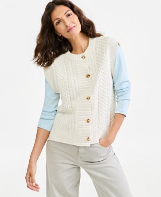 Women's Cable-Knit Crewneck Cotton-Blend Sweater Vest