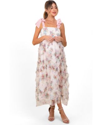 Maternity Cream Floral Smocked Shoulder Tie Ruffled Midi Dress