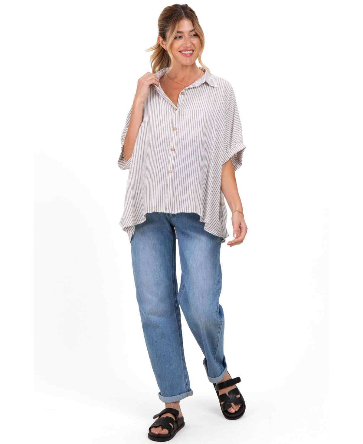 Pinkblush Maternity Brown Striped Boxy Button Down Top