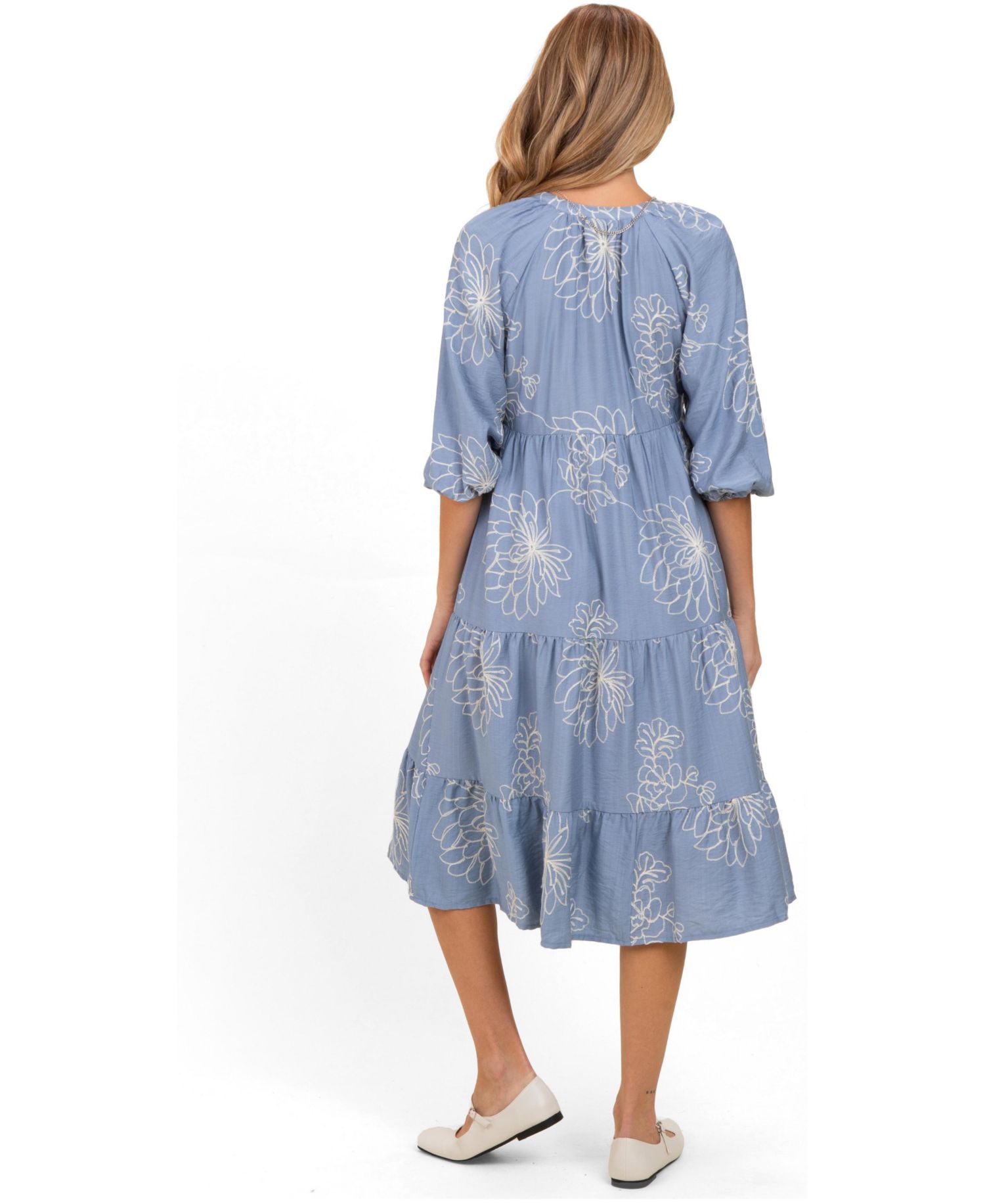Women's Blue Embroidered Tiered Midi Shirt Dress