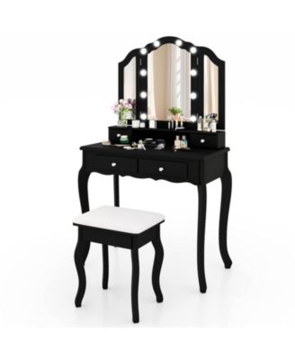 Lighted Makeup Vanity Set with Mirror, Drawers, and Cushioned Stool