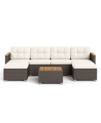 7-Piece Wicker Patio Sectional with Acacia Wood Armrests and Ottoman