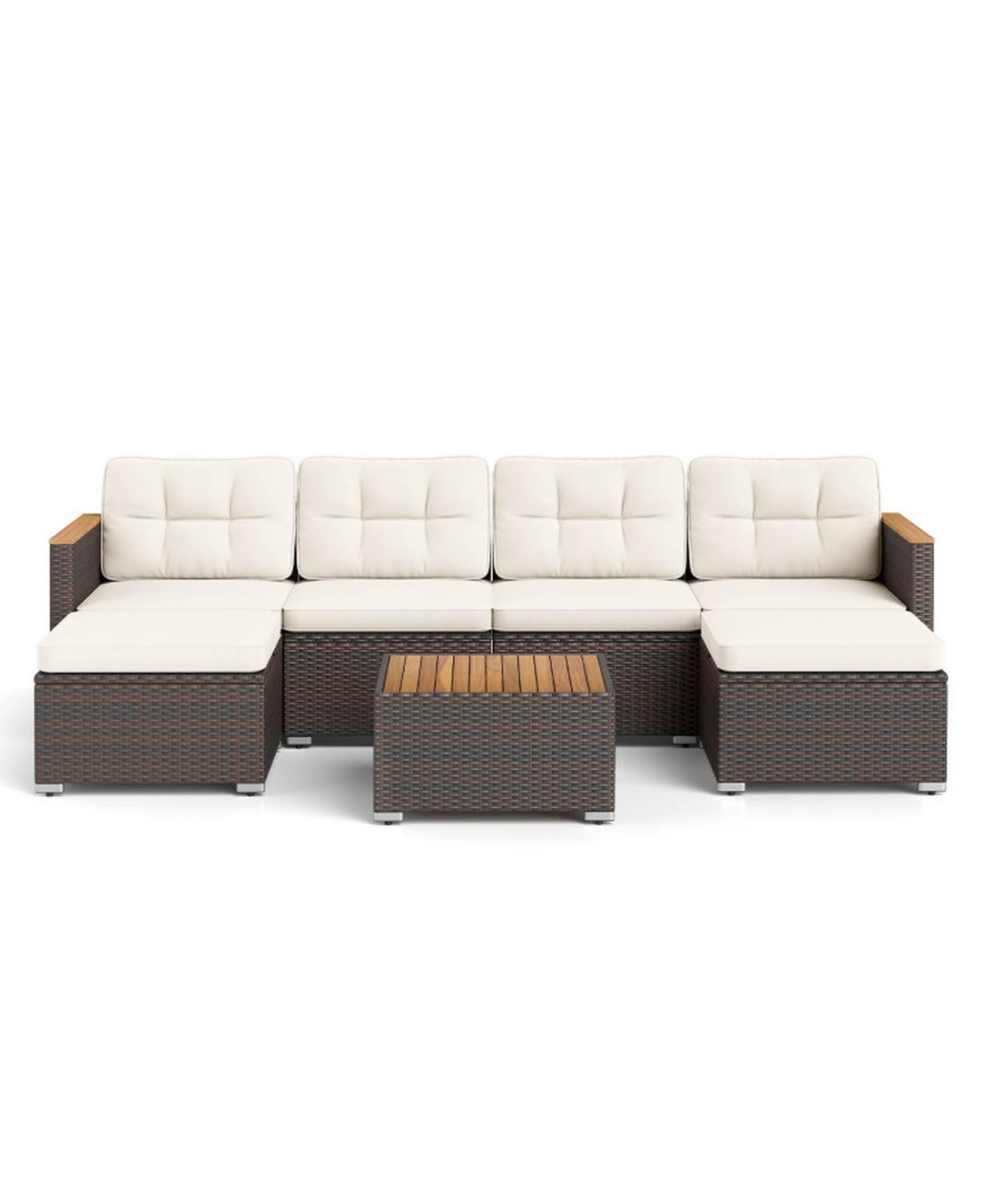 Gouun 7-Piece Wicker Patio Sectional with Acacia Wood Armrests and Ottoman