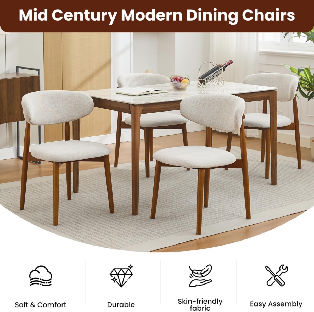 gaomon Mid Century Modern Wooden Dining Chairs Set, Fabric Upholstered Ergonomic Dining Room and Kitchen Seating