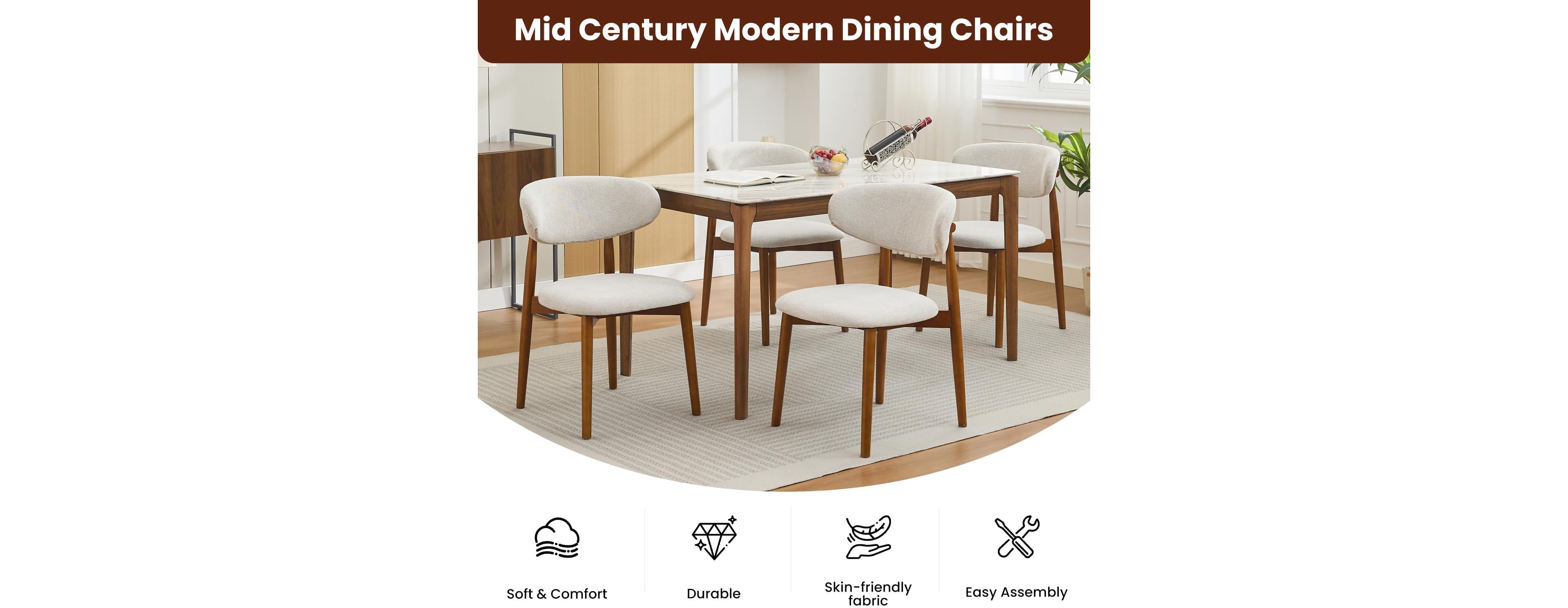 gaomon Mid Century Modern Wooden Dining Chairs Set, Fabric Upholstered Ergonomic Dining Room and Kitchen Seating