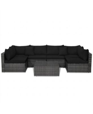 7-Piece Rattan Sectional Sofa Set with Glass Coffee Table