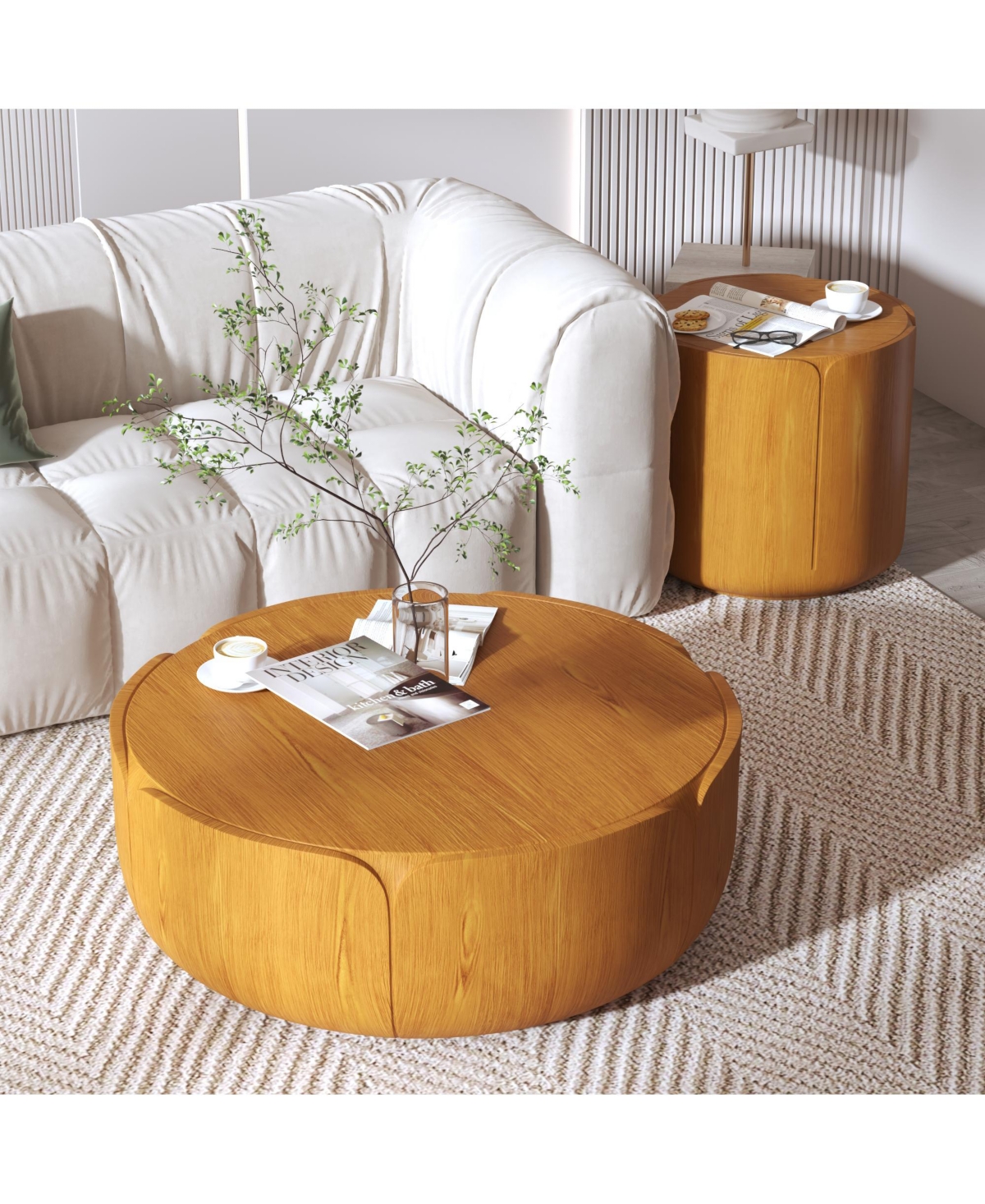 Clihome Round Outdoor Indoor Coffee Table Set, Modern Wood Grain Drum Center Table of 2