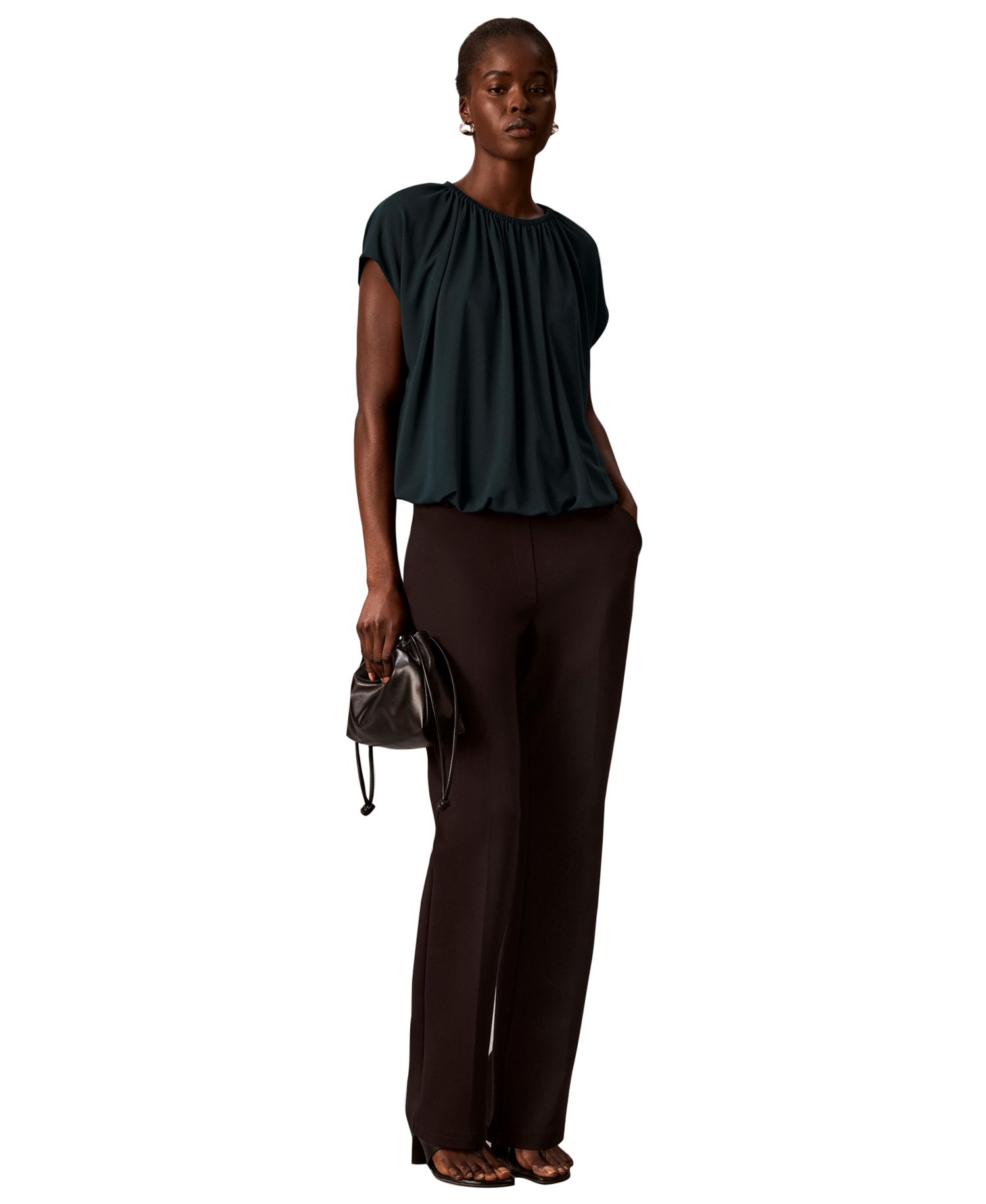 petite Shirred Extended-Shoulder Short-Sleeve Blouse