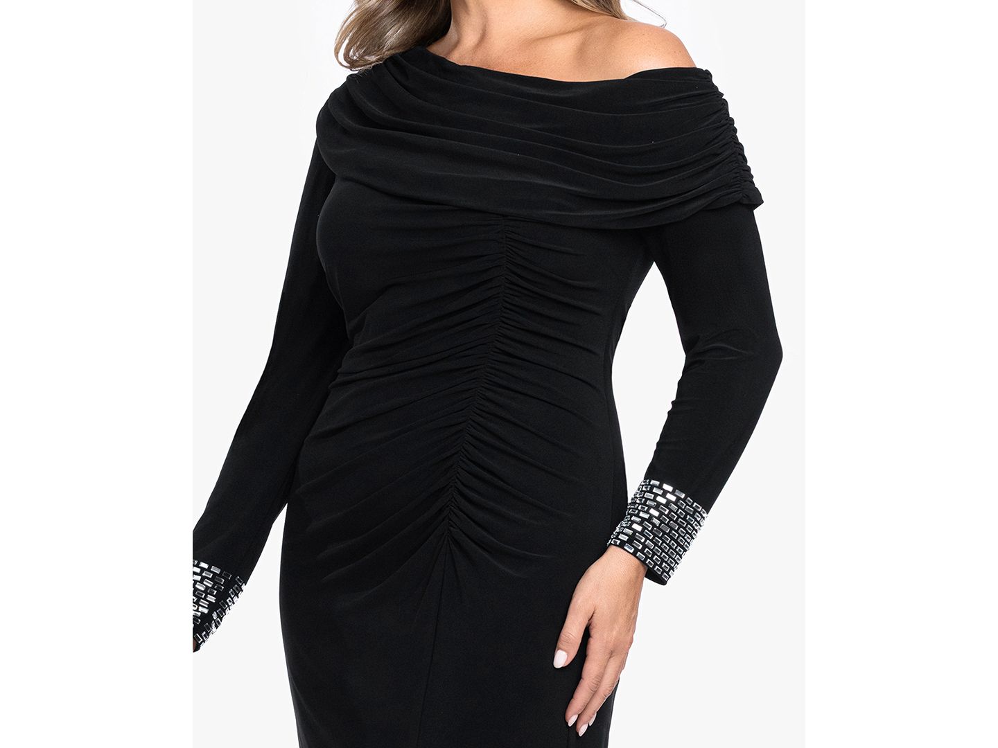 Женские платья Betsy & Adam Plus Size Asymmetrical Neck Gown, цвет: Чёрный серебряный — фото 3