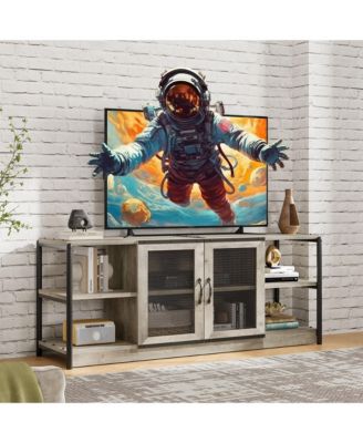 Industrial Farmhouse TV Stand for 65+ Inch TV - Gray Media Console with Mesh Doors and Adjustable Shelves, Heavy-Duty Metal Frame