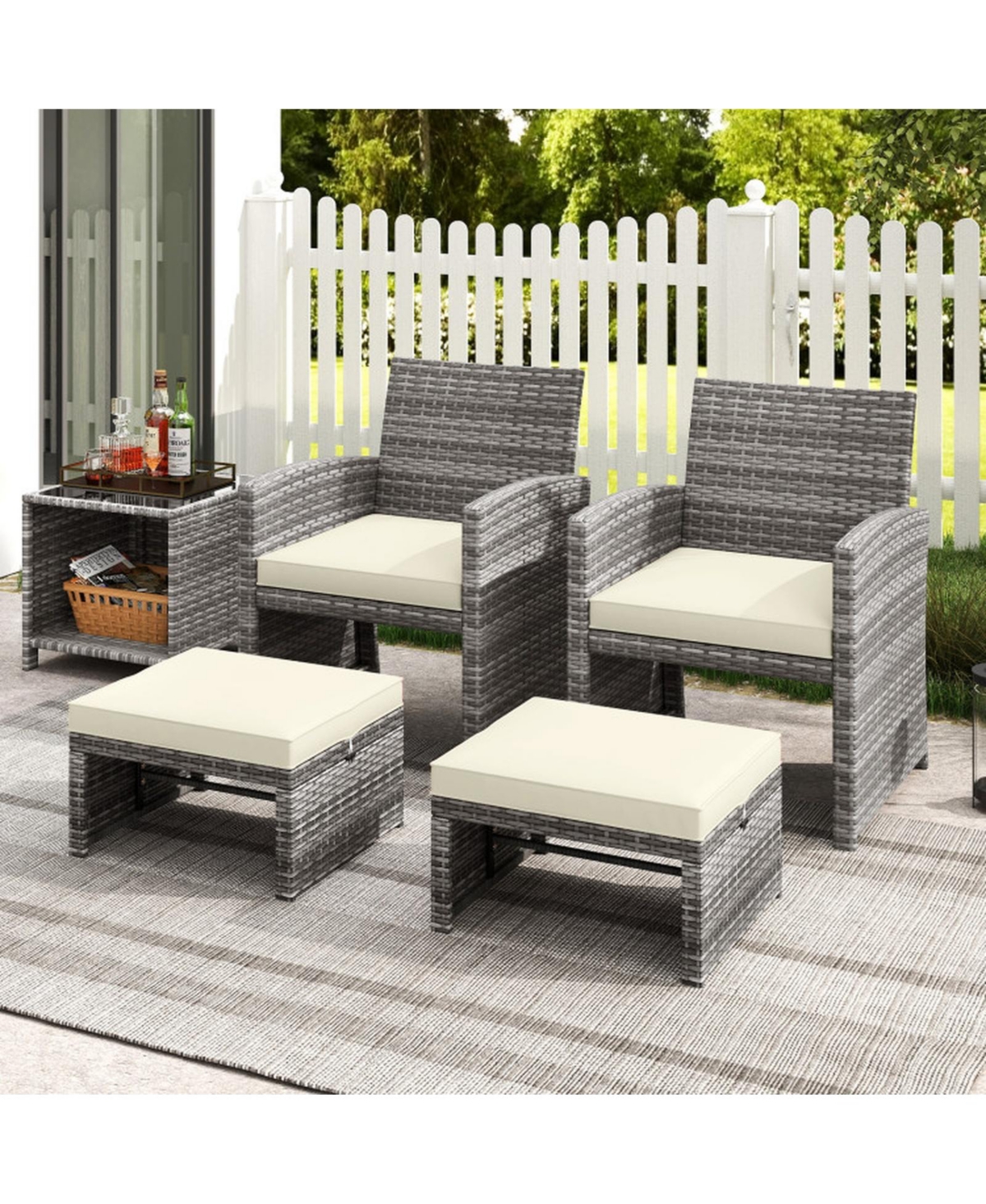 Gouun Set of 2 Pe Rattan Outdoor Ottomans with Zippered Cushions and 400 lbs Capacity