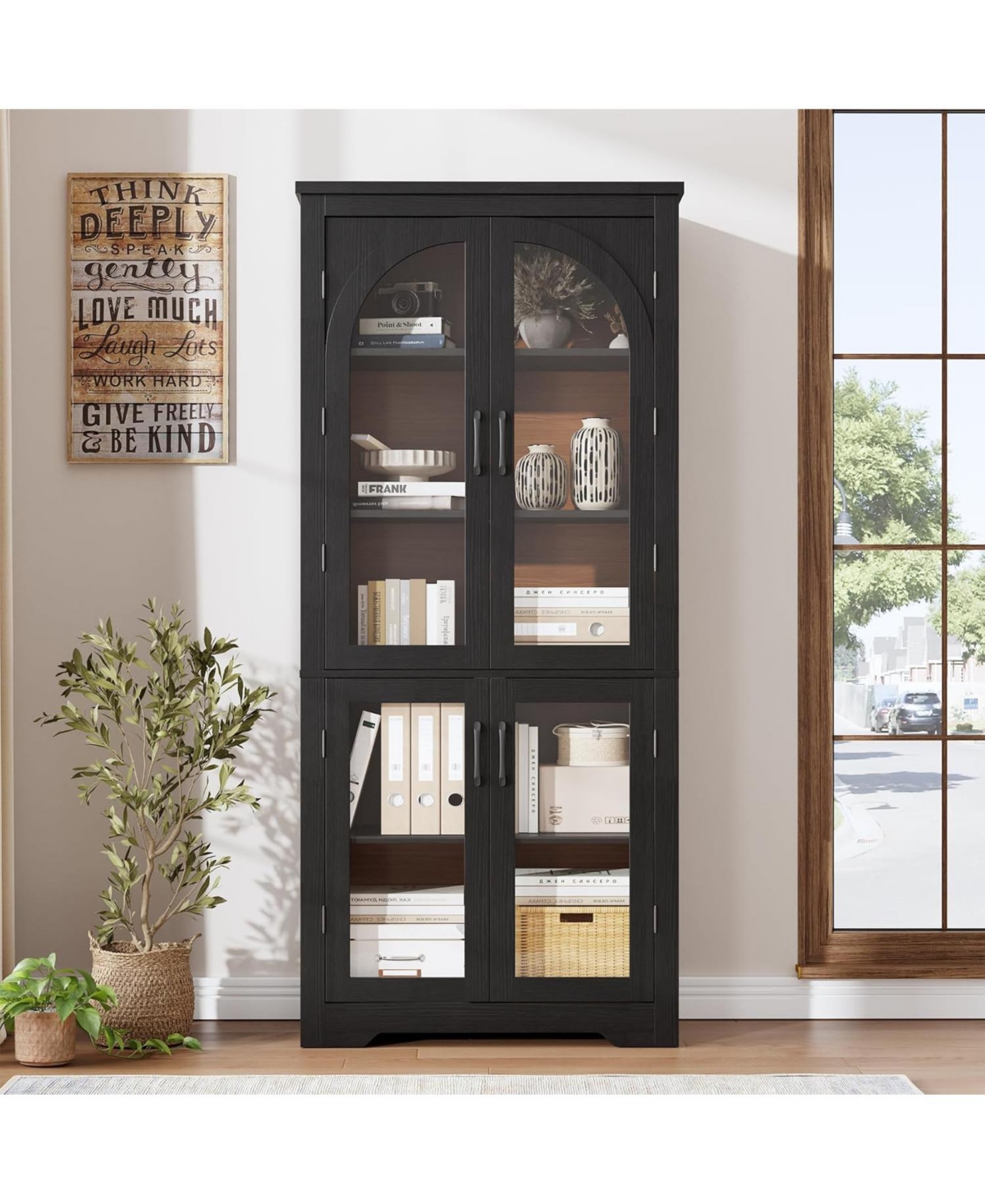 gaomon 70" Tall Kitchen Pantry Cabinet with 4 Arched Glass Doors, Modern Display Storage Adjustable Shelves
