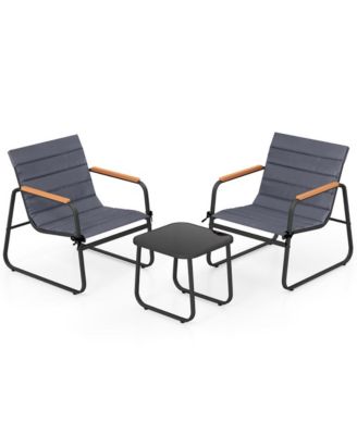 3 Piece Outdoor Conversation Set with Cushioned Chairs and Glass Side Table