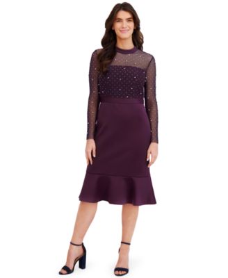 Petite Beaded Illusion Mock-Neck Midi Dress
