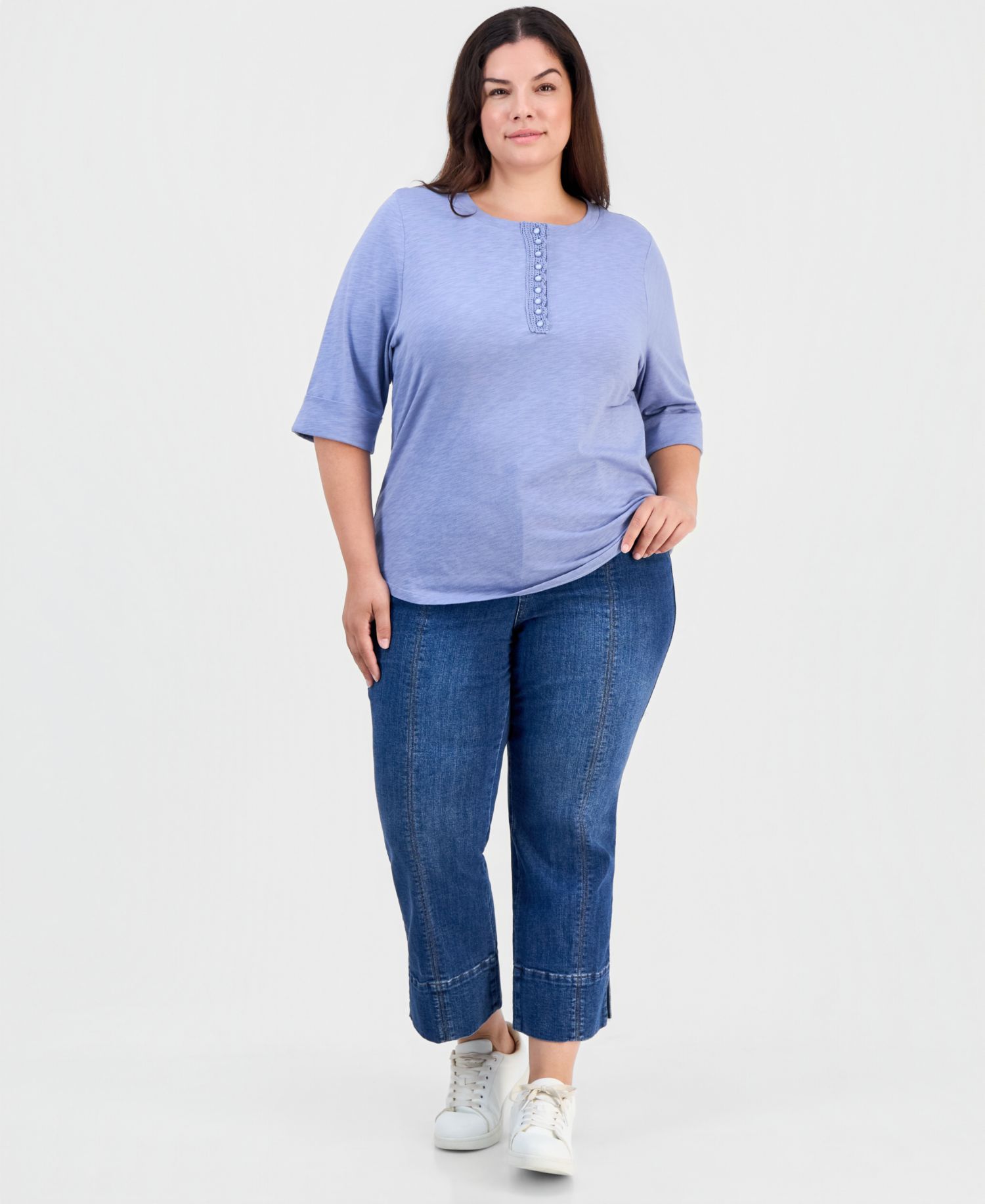 Plus Size Crochet 3/4-Sleeve Henley Top