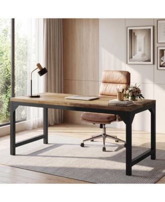 63" Solid Wood Executive Office Desk with Heavy-Duty Metal Frame, Large Computer Writing Desk