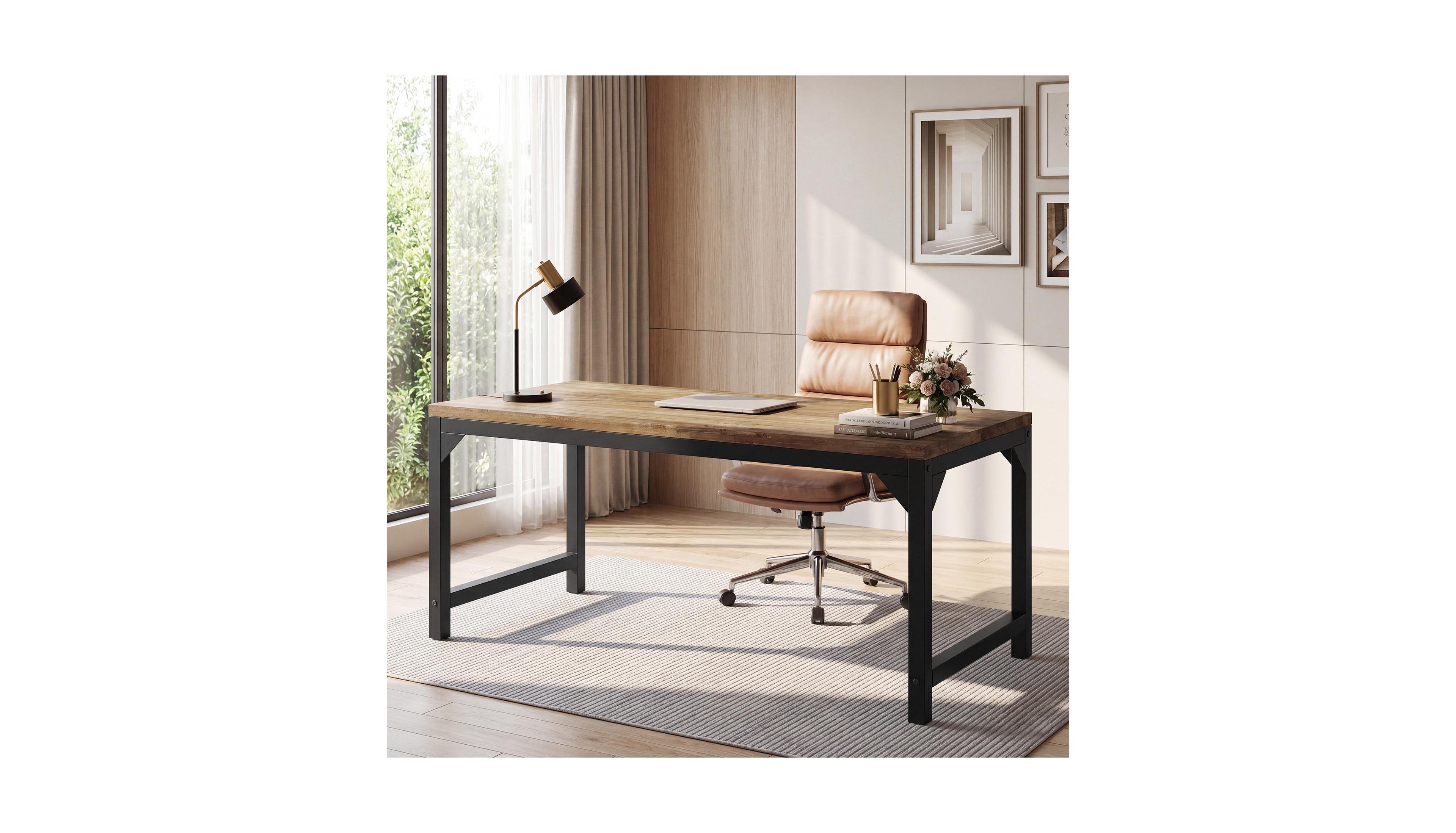 Tribesigns 63" Solid Wood Executive Office Desk with Heavy-Duty Metal Frame, Large Computer Writing Desk