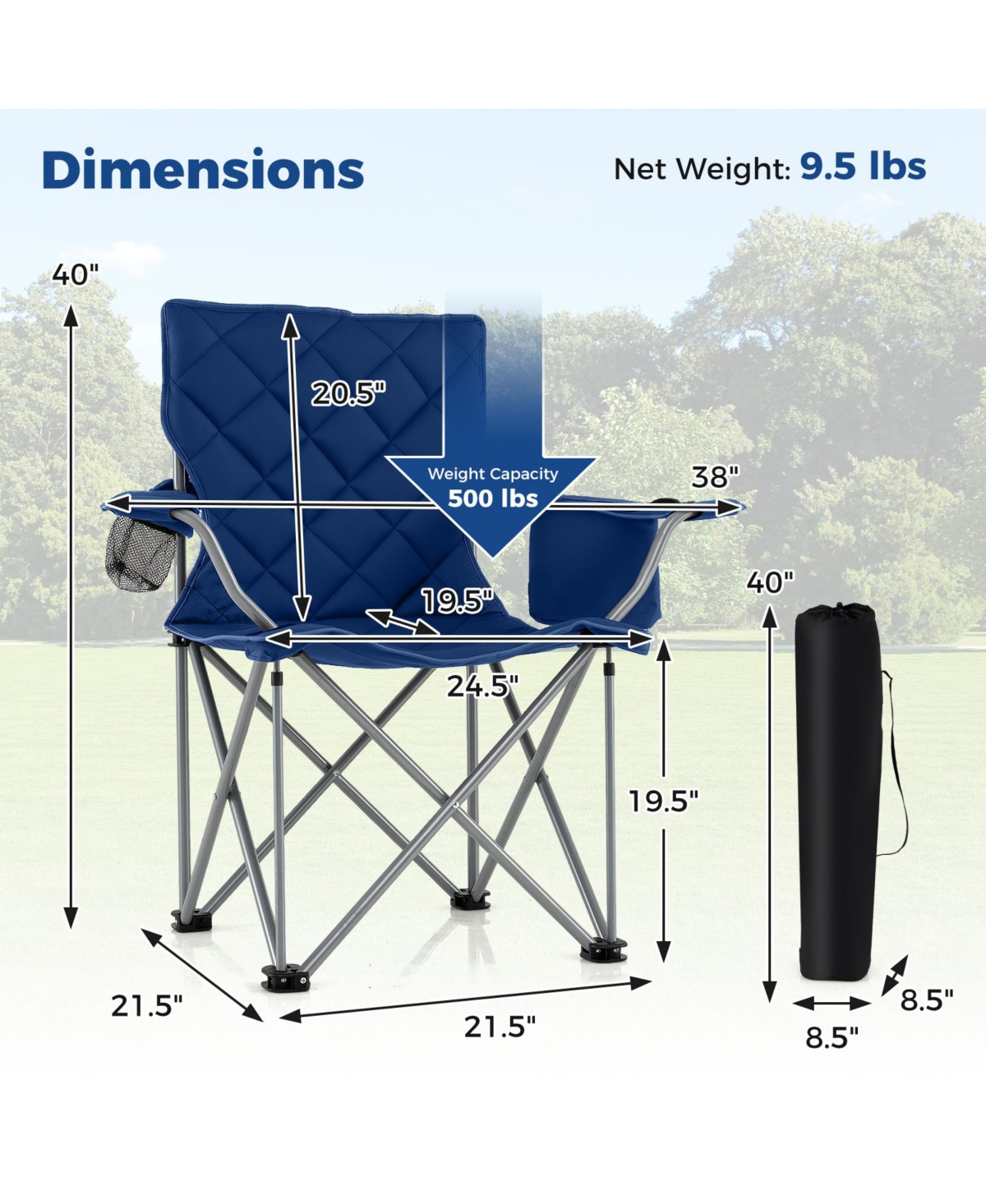 Mecale Oversized Camping Chair with Cooler Pouch and Cup Holder, 500-lb Cap