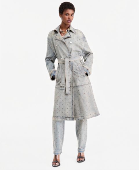 Женское пальто Theophilio | Macy's Double-Breasted Belted Rhinestone Denim Trench