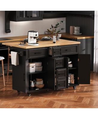 56.5'' Drop Leaf Kitchen Island with Power Outlet and Storage