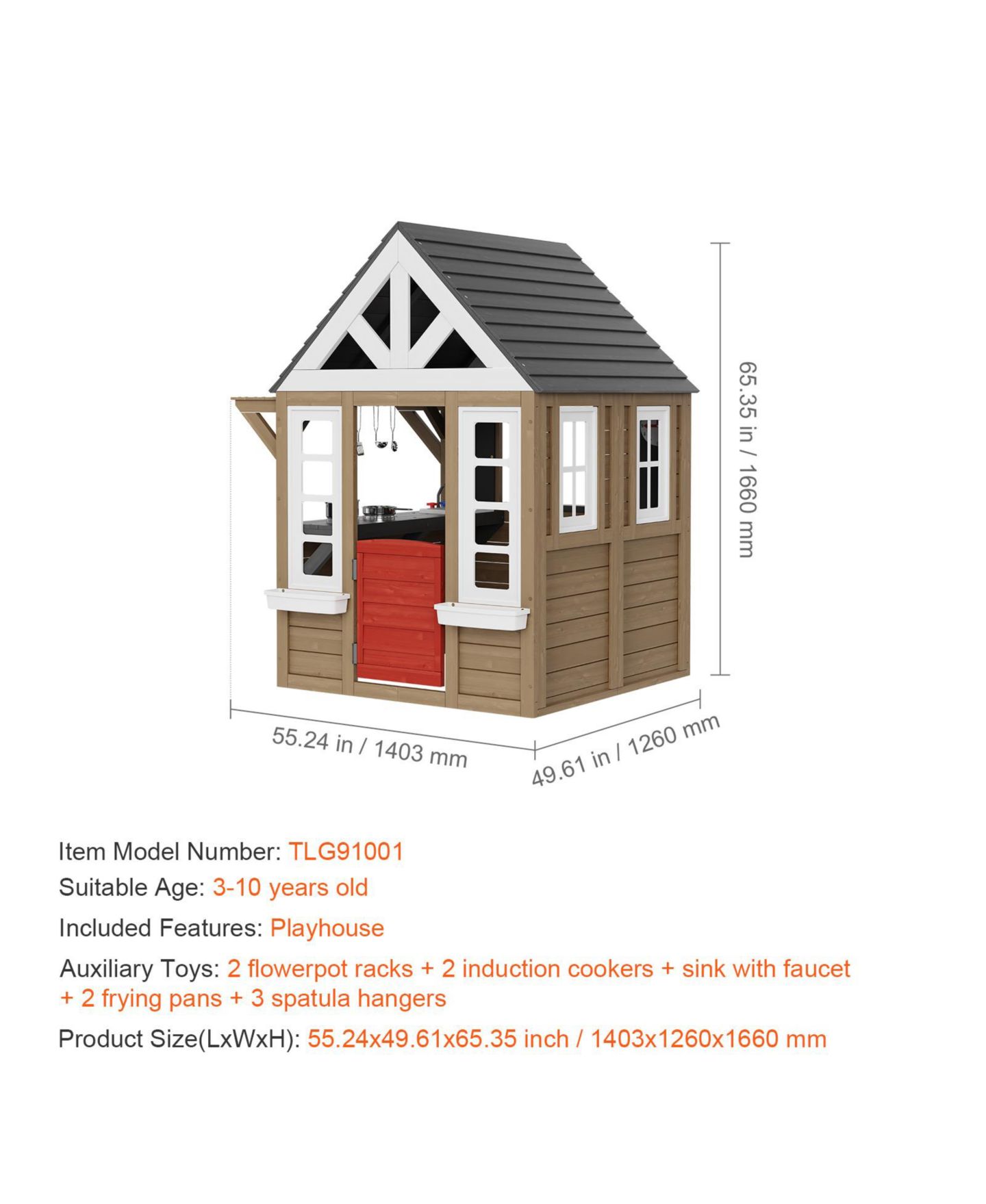 Детская игрушка VEVOR Outdoor Wooden Playhouse with Kitchen Sink, 55.24"L x 49.61"W x 65.35"H, Ages 2-8 — фото 7