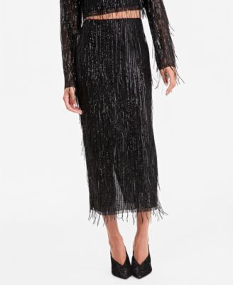 Women's High-Rise Sequin Fringe Side-Slit Midi Skirt